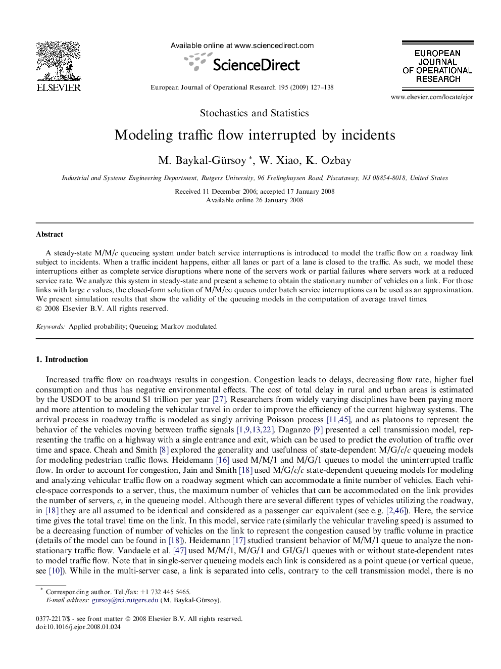 Modeling traffic flow interrupted by incidents