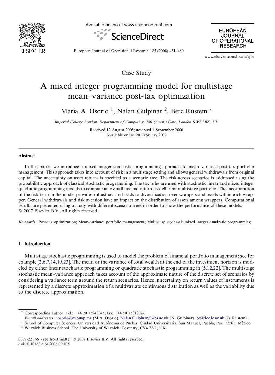 A mixed integer programming model for multistage mean–variance post-tax optimization