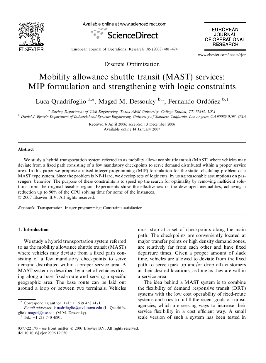 Mobility allowance shuttle transit (MAST) services: MIP formulation and strengthening with logic constraints