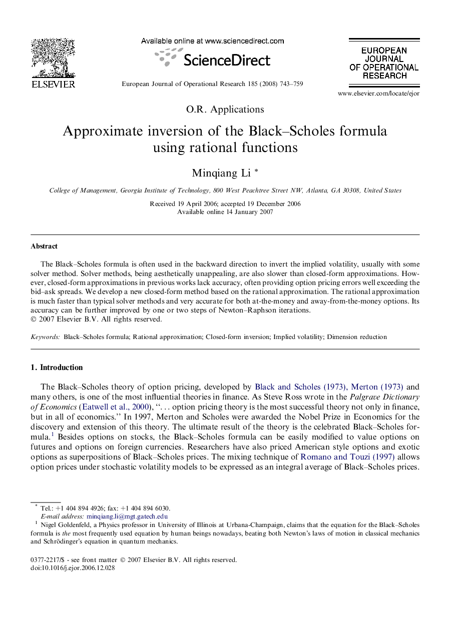 Approximate inversion of the Black–Scholes formula using rational functions