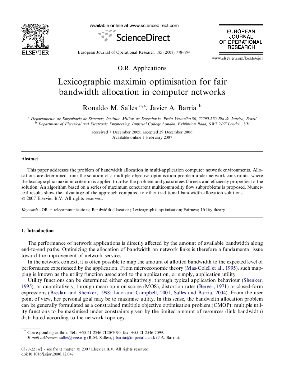 Lexicographic maximin optimisation for fair bandwidth allocation in computer networks