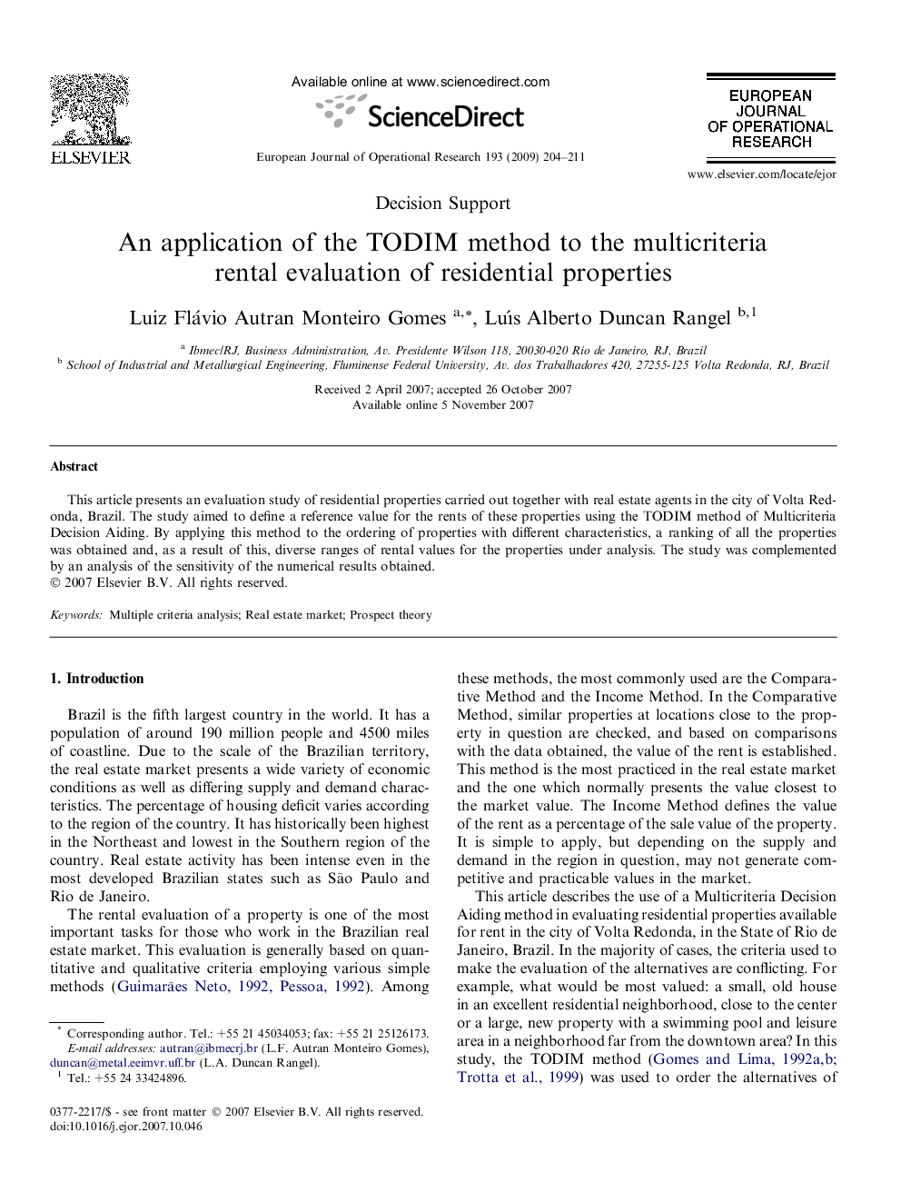 An application of the TODIM method to the multicriteria rental evaluation of residential properties