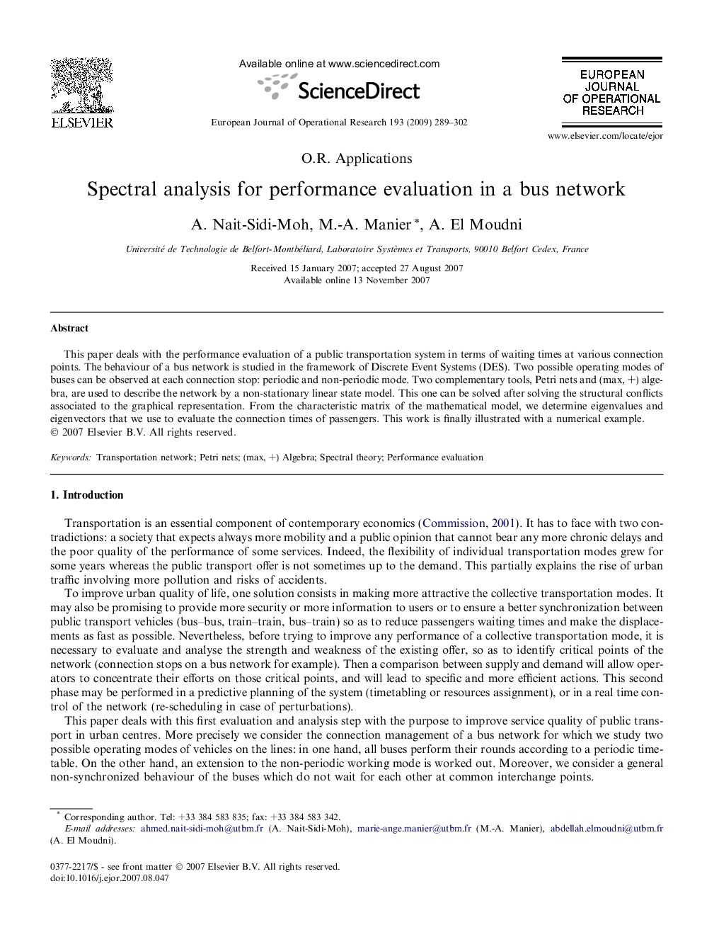 Spectral analysis for performance evaluation in a bus network