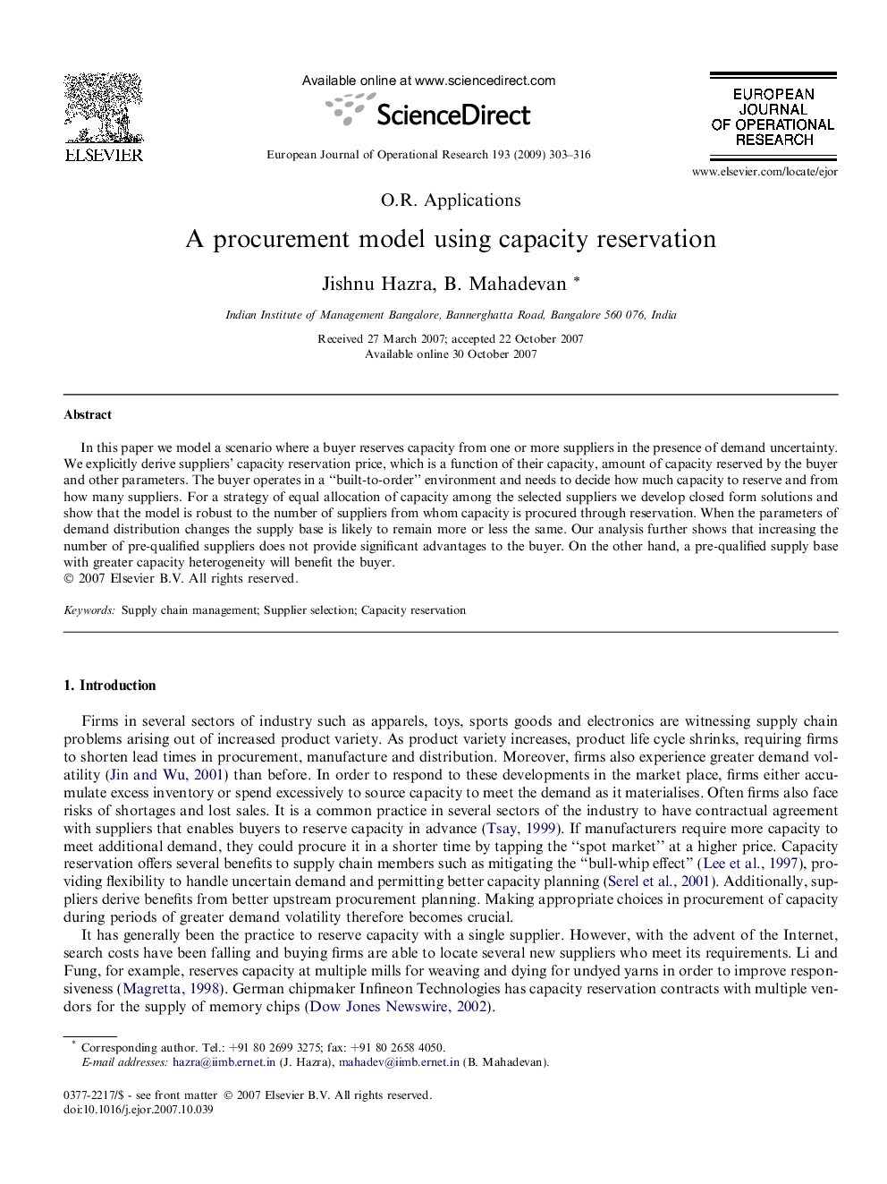 A procurement model using capacity reservation