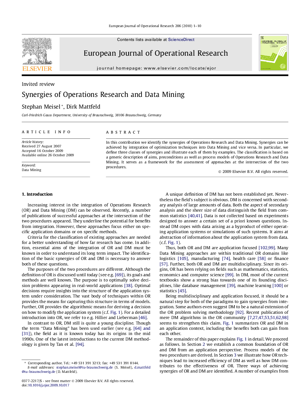 Synergies of Operations Research and Data Mining