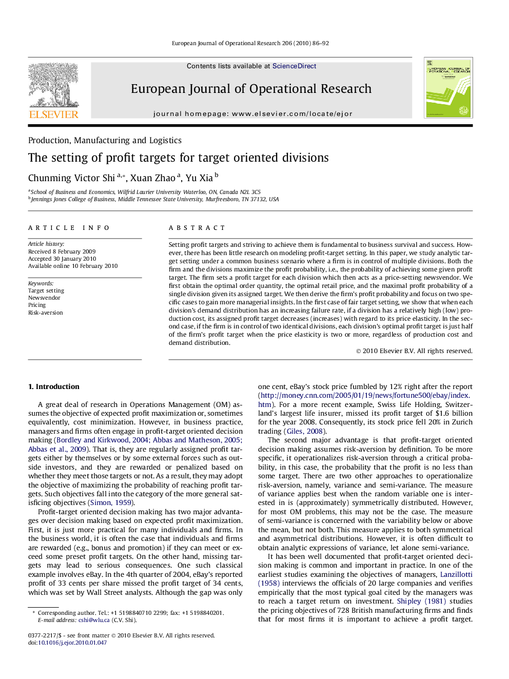 The setting of profit targets for target oriented divisions