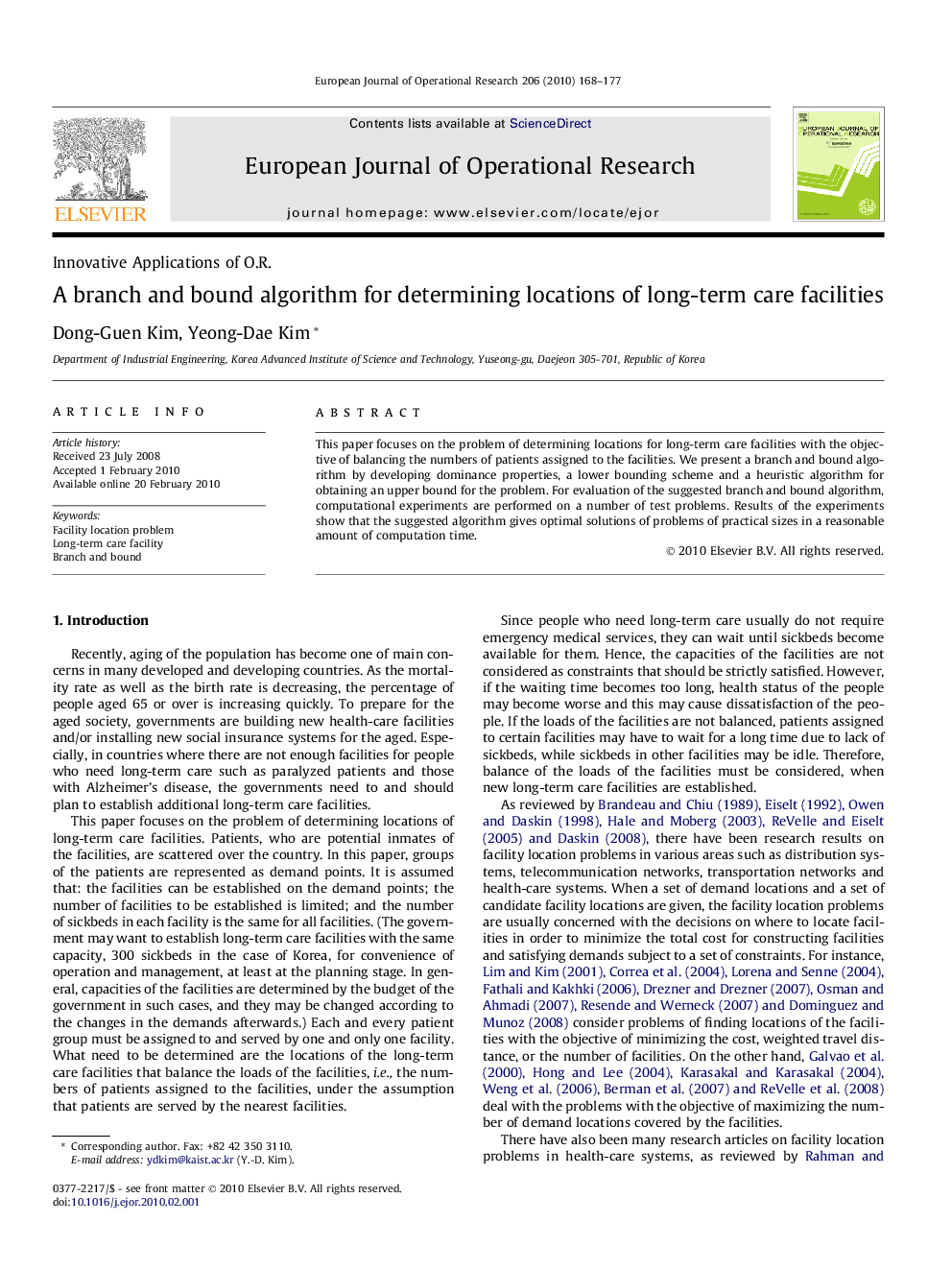 A branch and bound algorithm for determining locations of long-term care facilities