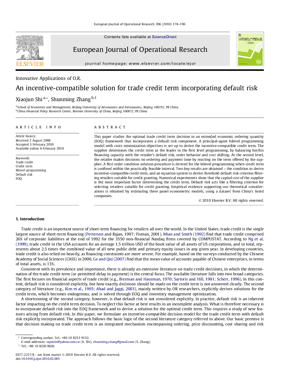 An incentive-compatible solution for trade credit term incorporating default risk