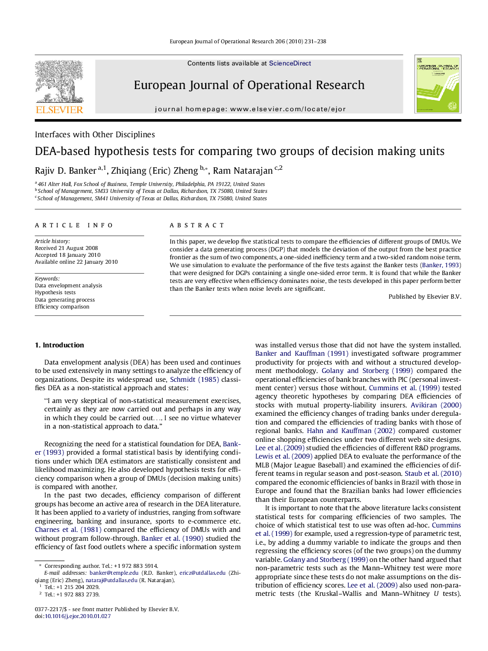 DEA-based hypothesis tests for comparing two groups of decision making units