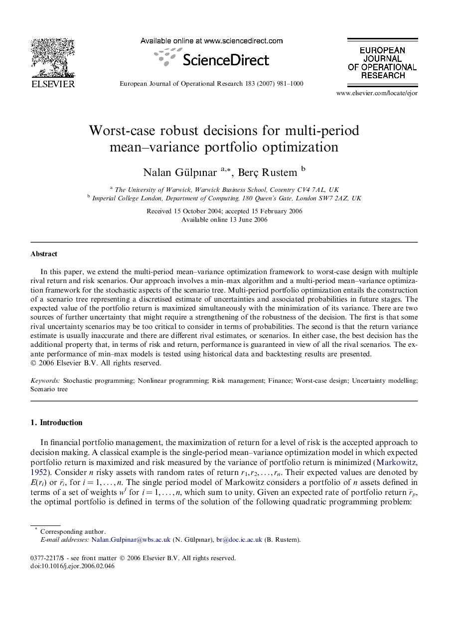 Worst-case robust decisions for multi-period mean–variance portfolio optimization