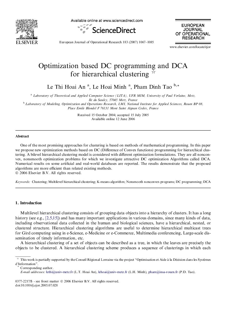 Optimization based DC programming and DCA for hierarchical clustering 