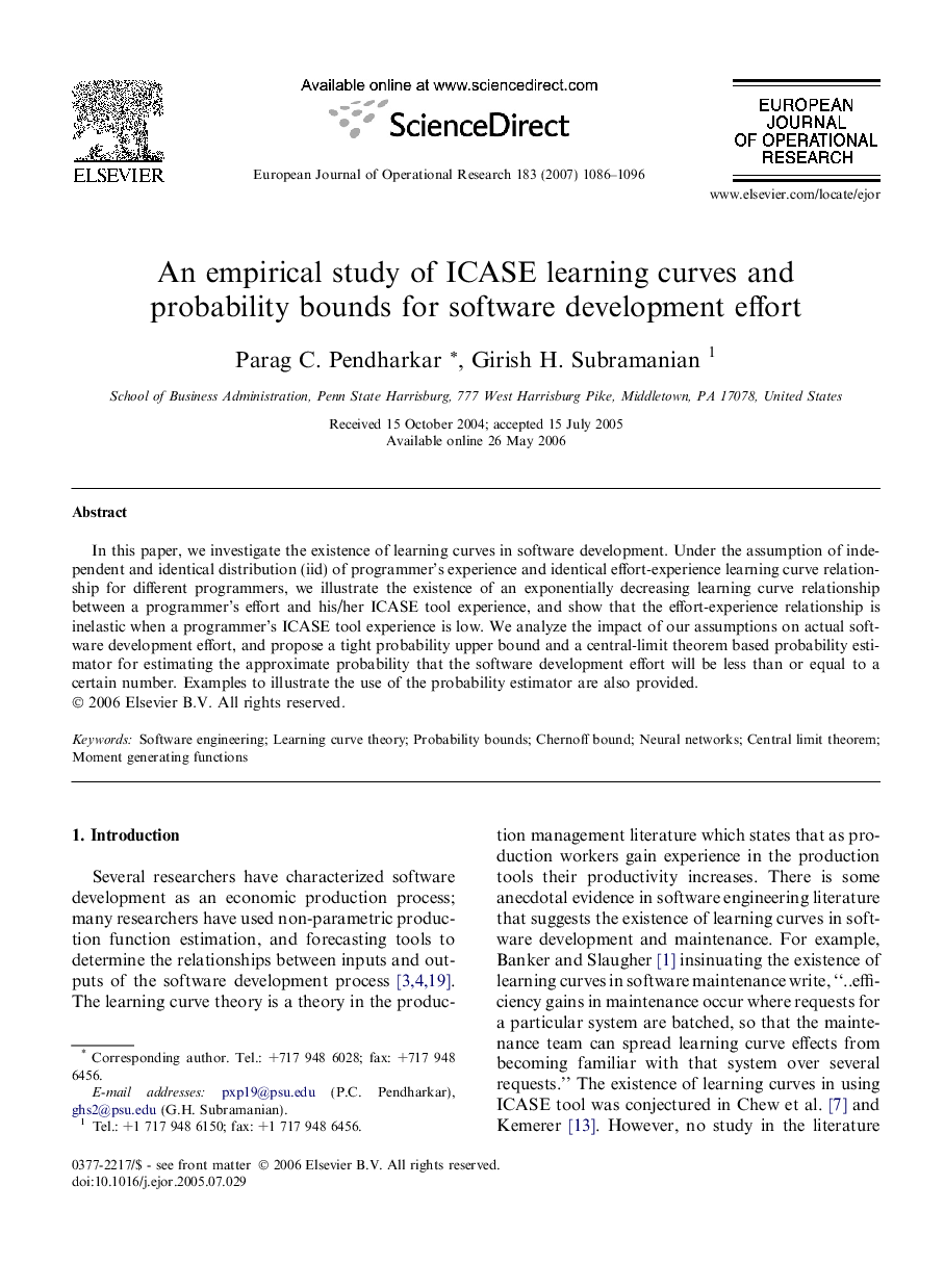 An empirical study of ICASE learning curves and probability bounds for software development effort