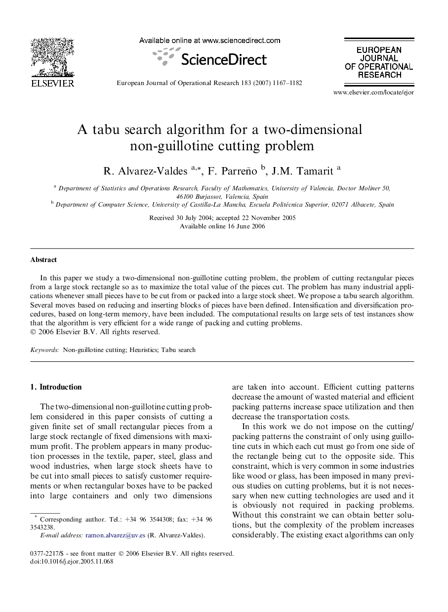 A tabu search algorithm for a two-dimensional non-guillotine cutting problem