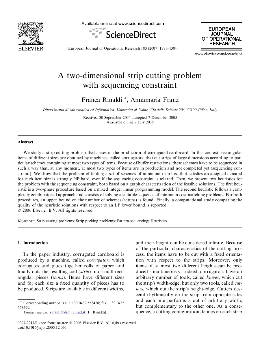 A two-dimensional strip cutting problem with sequencing constraint