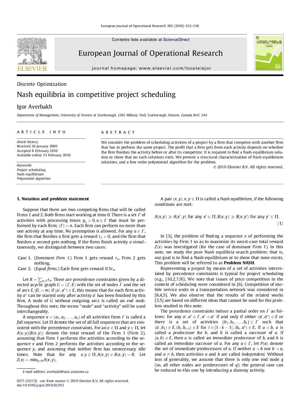 Nash equilibria in competitive project scheduling