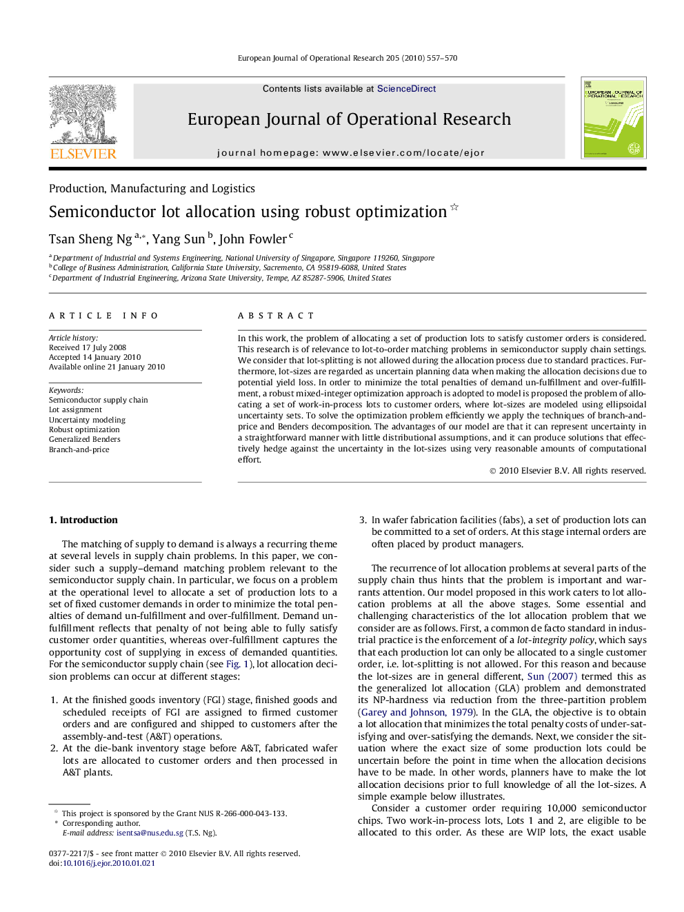 Semiconductor lot allocation using robust optimization 