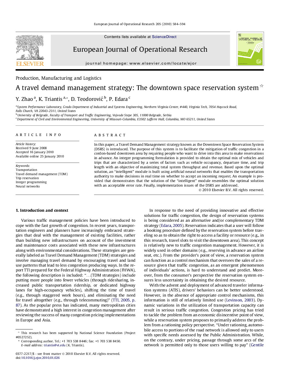 A travel demand management strategy: The downtown space reservation system 