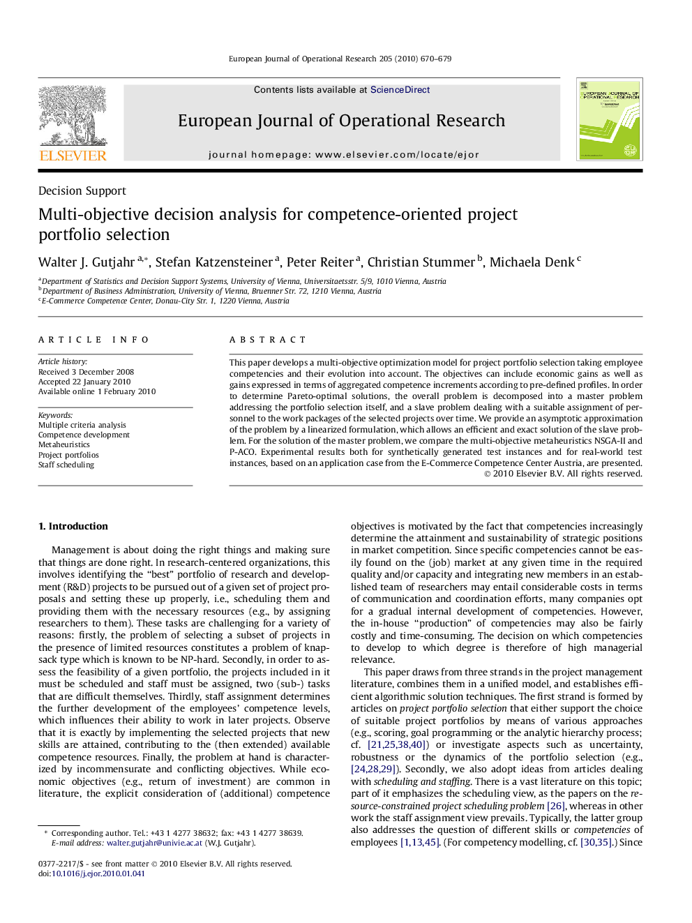 Multi-objective decision analysis for competence-oriented project portfolio selection