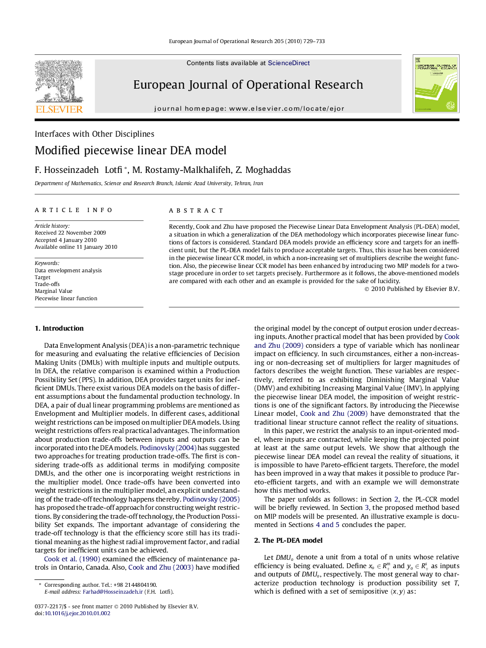 Modified piecewise linear DEA model