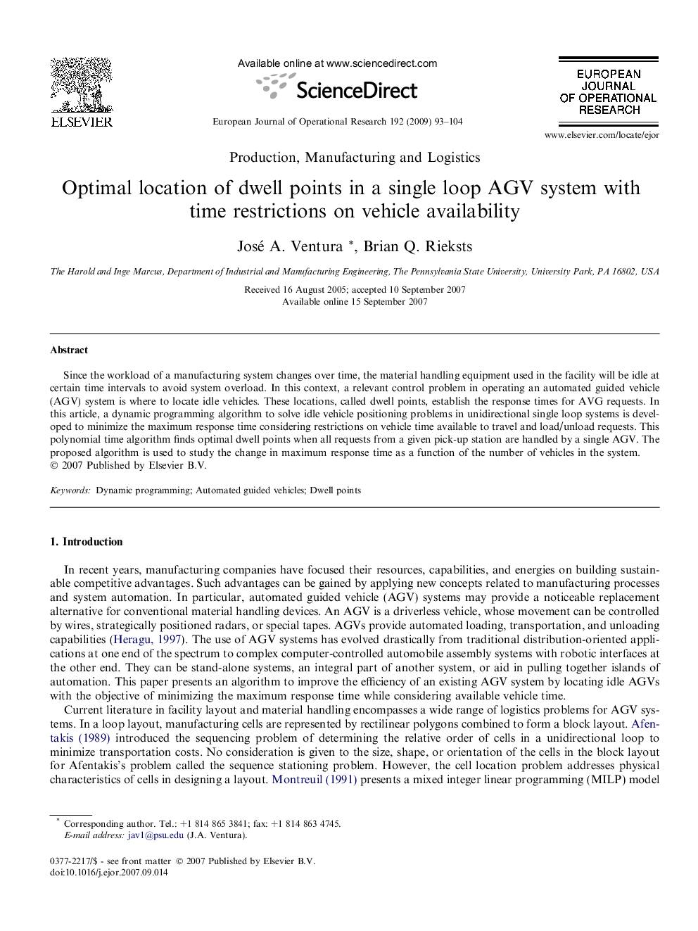 Optimal location of dwell points in a single loop AGV system with time restrictions on vehicle availability