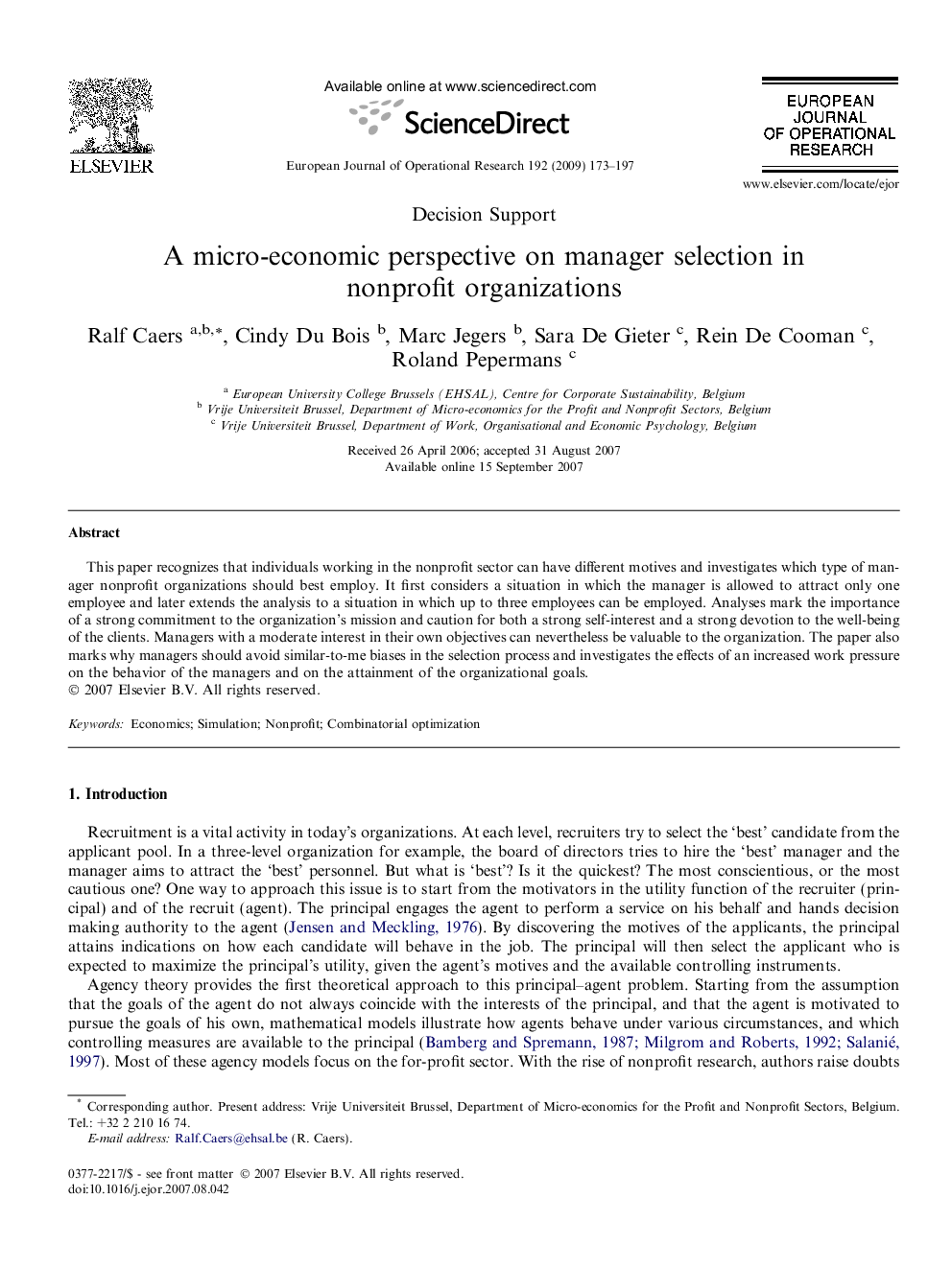 A micro-economic perspective on manager selection in nonprofit organizations