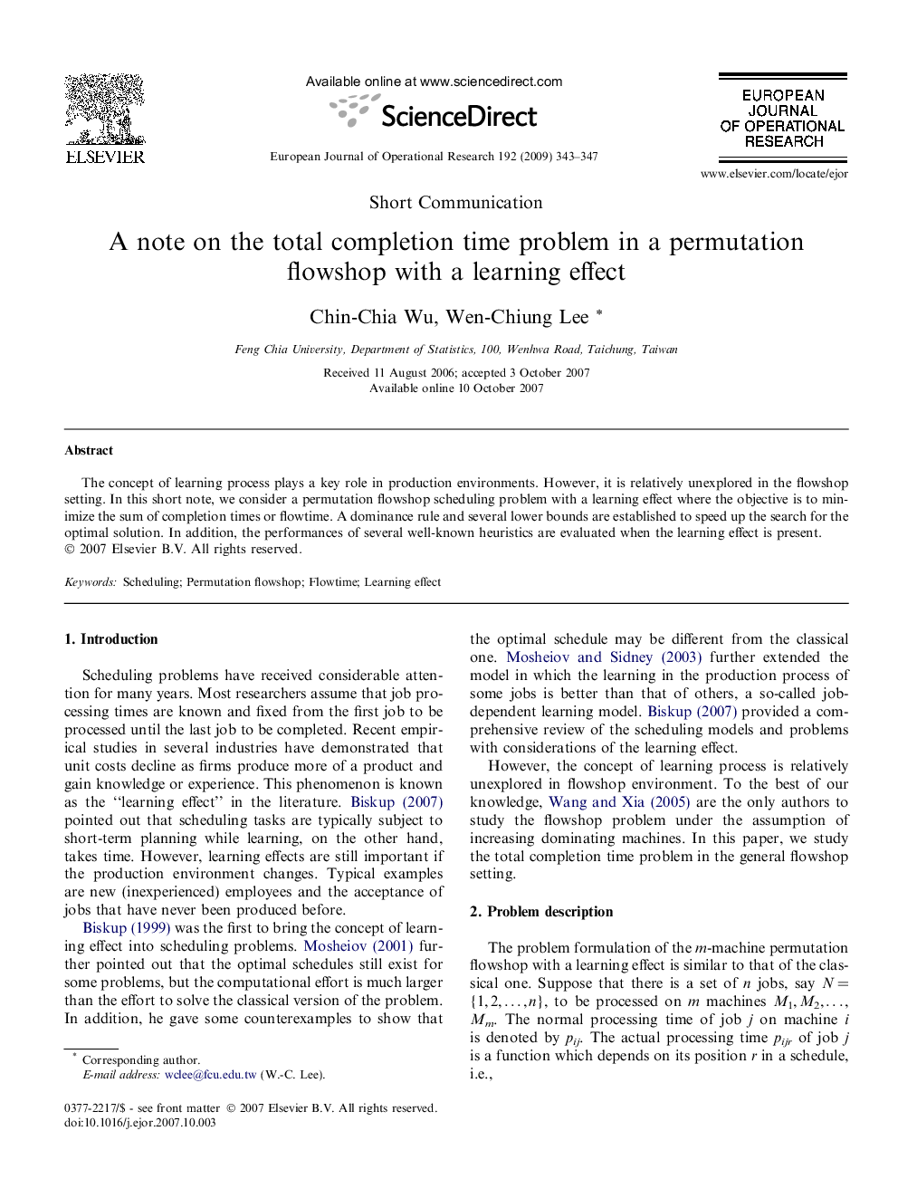 A note on the total completion time problem in a permutation flowshop with a learning effect