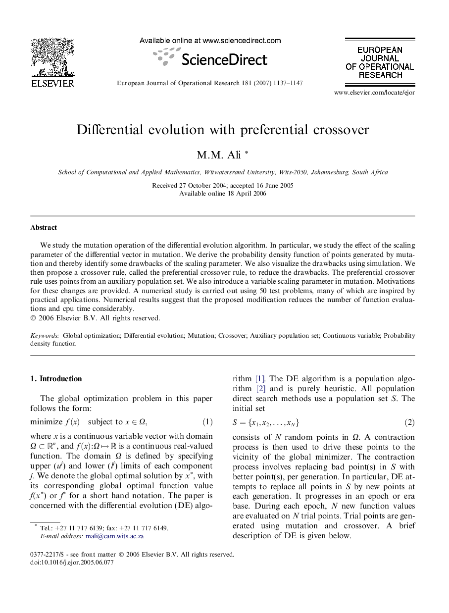 Differential evolution with preferential crossover