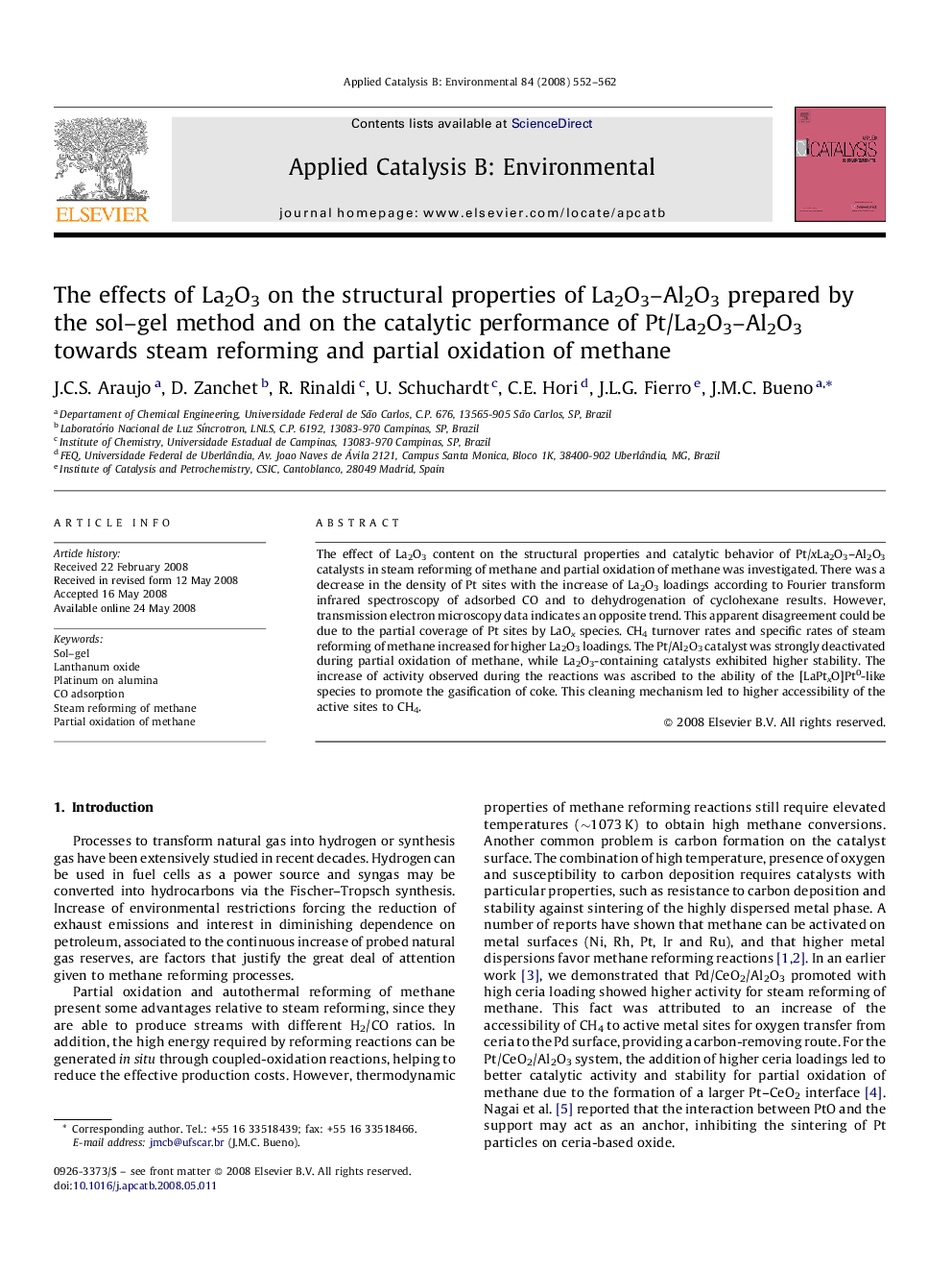 The effects of La2O3 on the structural properties of La2O3–Al2O3 prepared by the sol–gel method and on the catalytic performance of Pt/La2O3–Al2O3 towards steam reforming and partial oxidation of methane