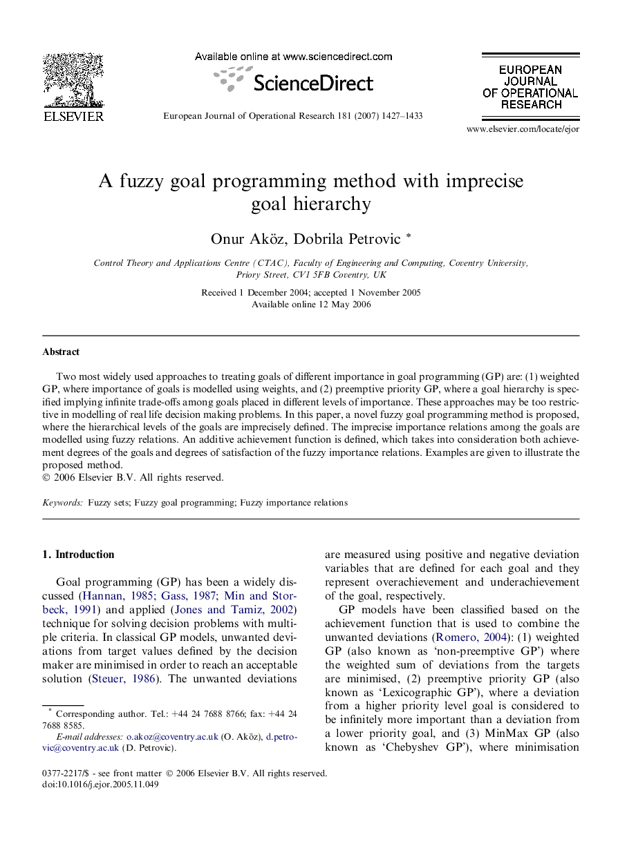 A fuzzy goal programming method with imprecise goal hierarchy