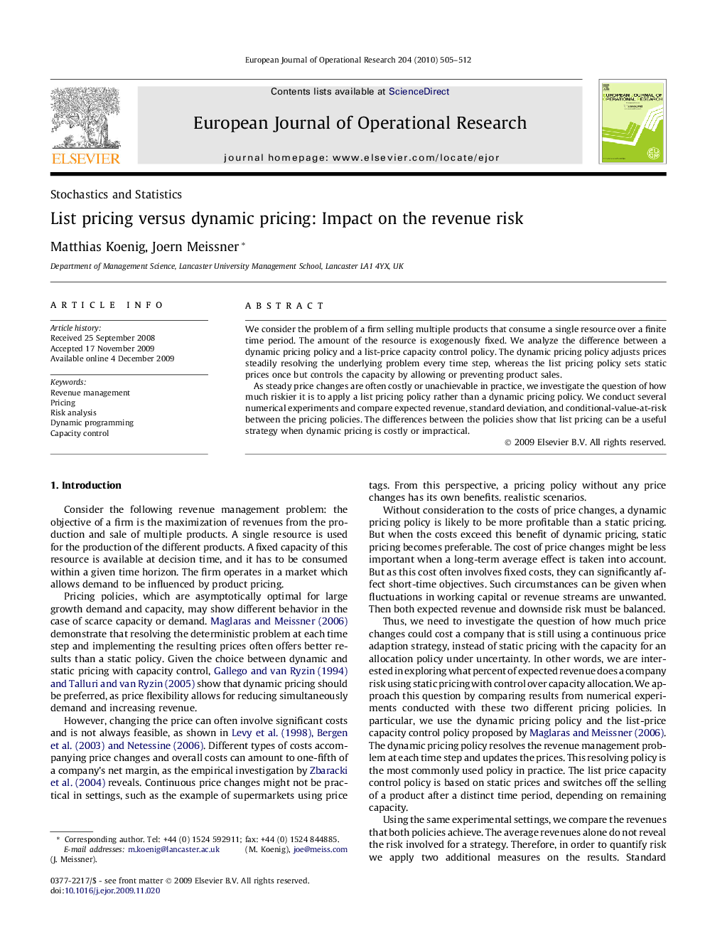 List pricing versus dynamic pricing: Impact on the revenue risk