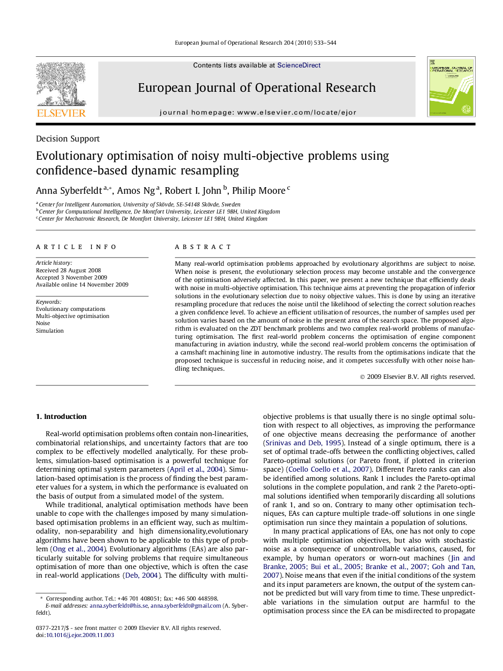 عکس صفحه اول مقاله: Evolutionary optimisation of noisy multi-objective problems using confidence-based dynamic resampling Evolutionary optimisation of noisy multi-objective problems using confidence-based dynamic resampling