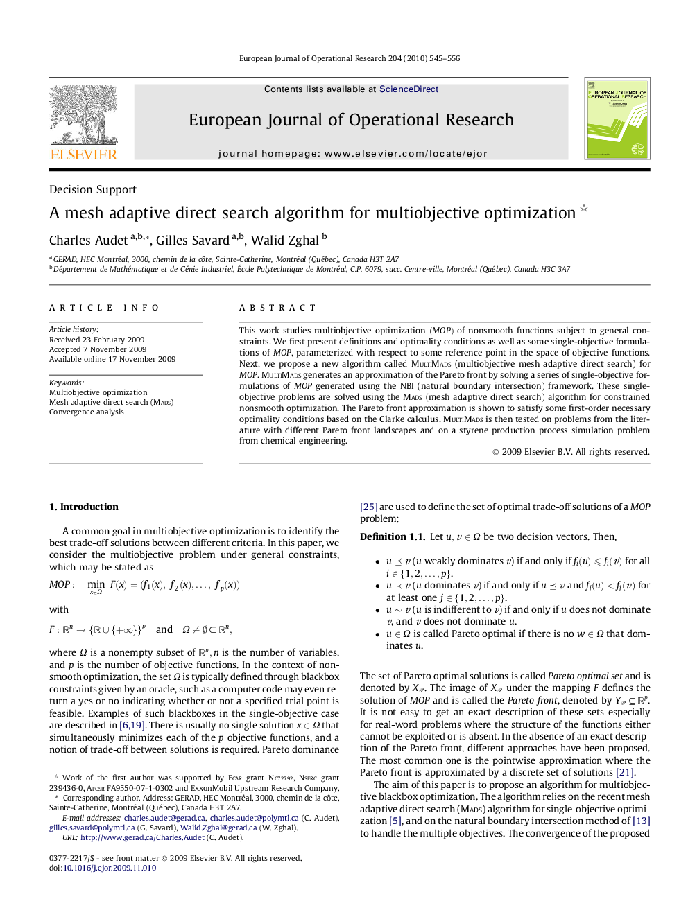 A mesh adaptive direct search algorithm for multiobjective optimization 