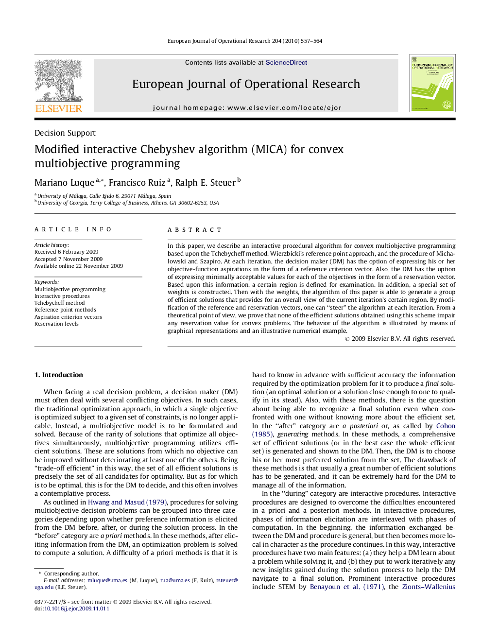 Modified interactive Chebyshev algorithm (MICA) for convex multiobjective programming