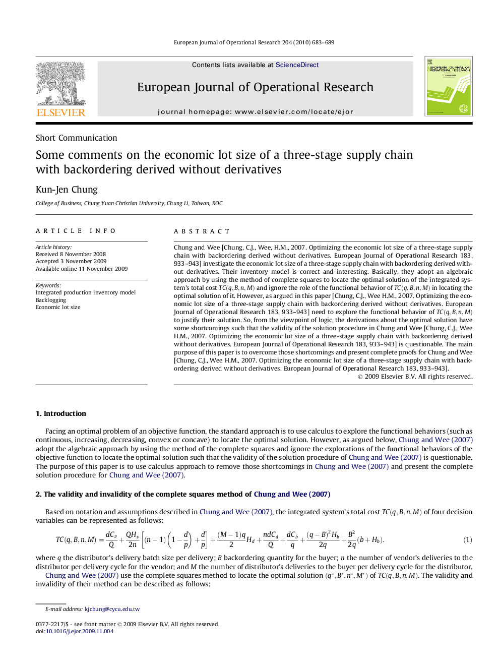 Some comments on the economic lot size of a three-stage supply chain with backordering derived without derivatives