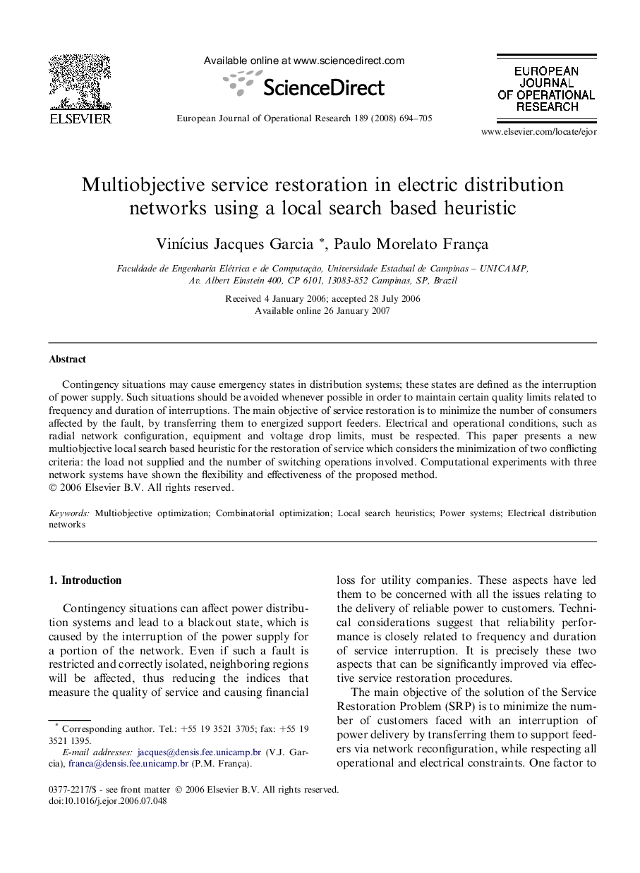 Multiobjective service restoration in electric distribution networks using a local search based heuristic