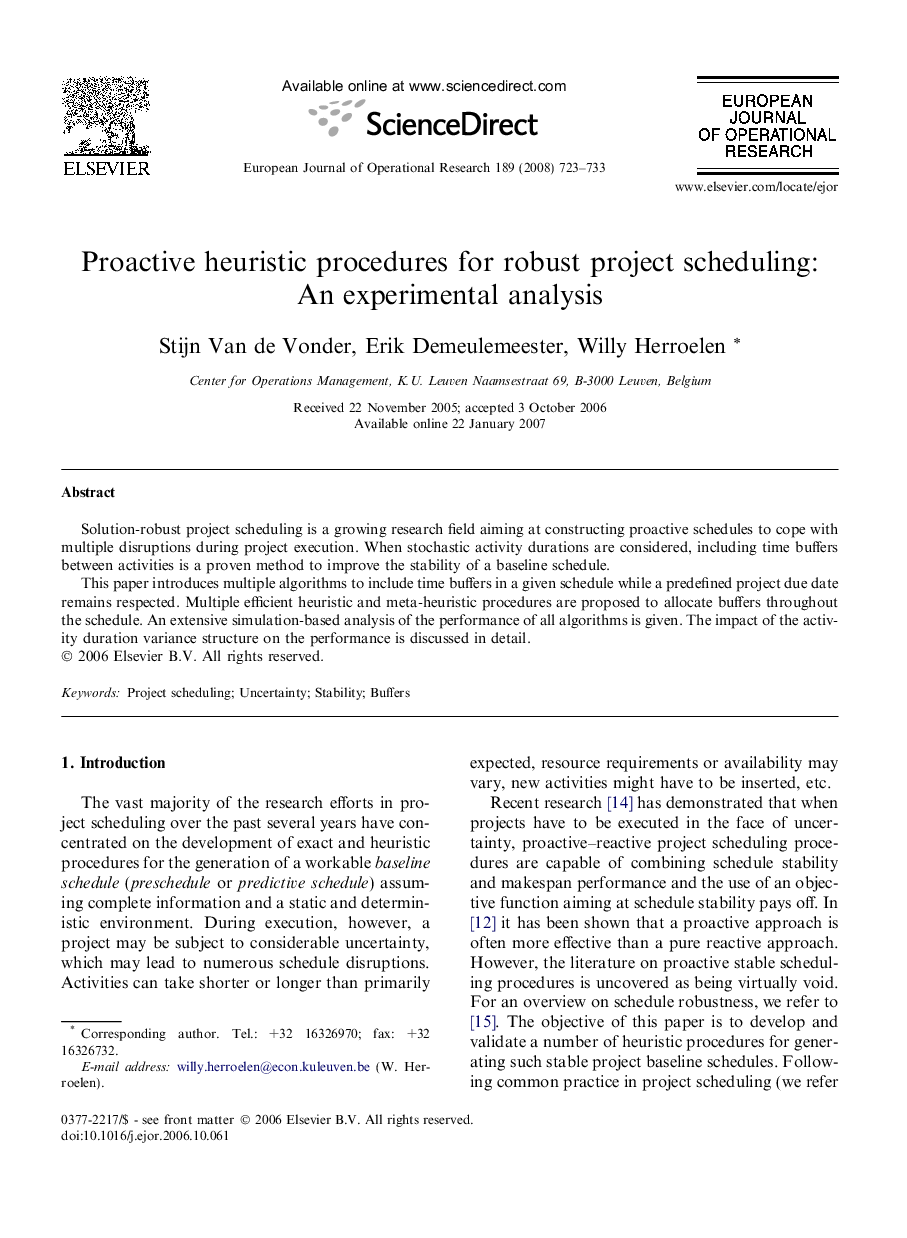 Proactive heuristic procedures for robust project scheduling: An experimental analysis