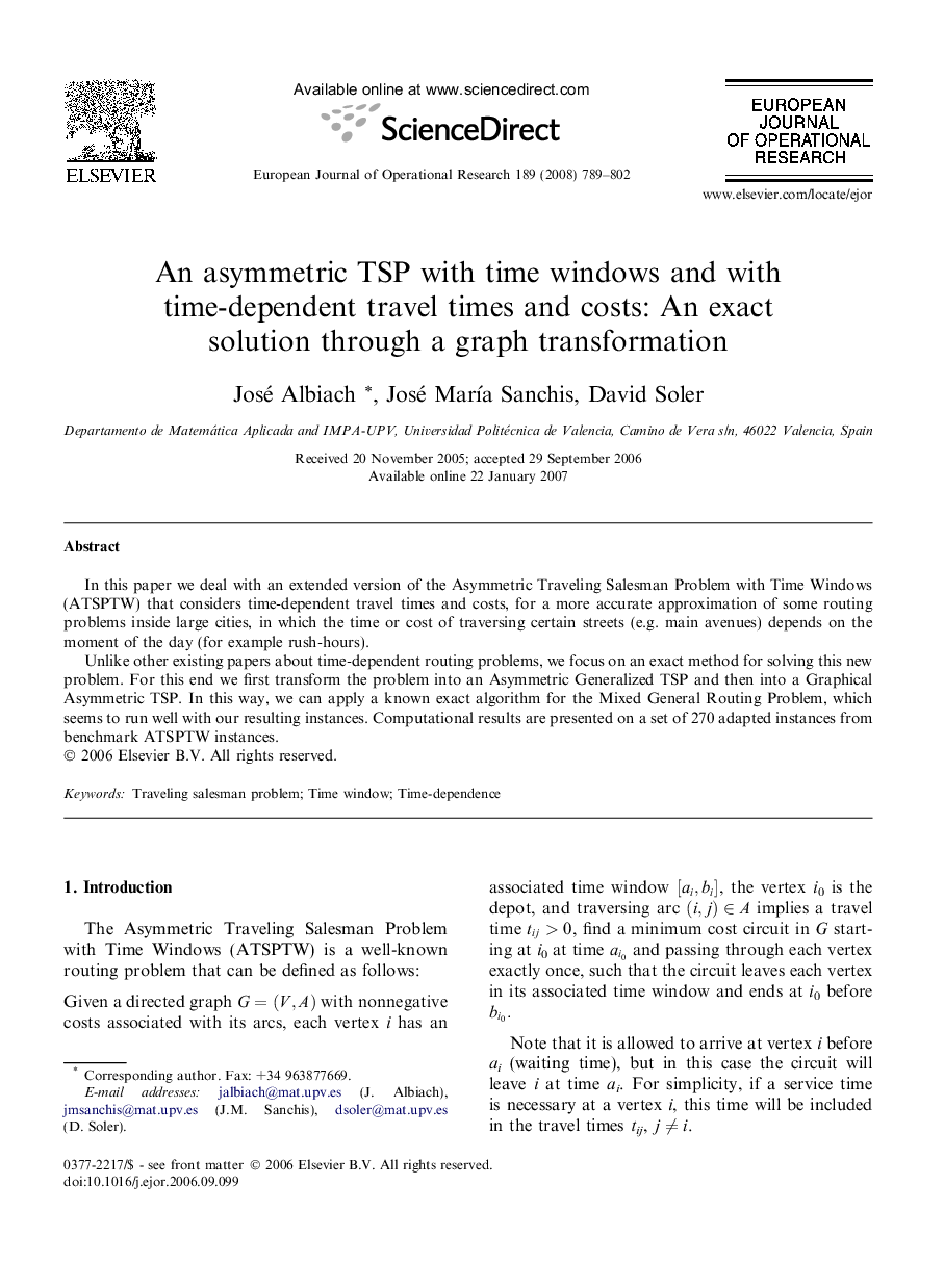 An asymmetric TSP with time windows and with time-dependent travel times and costs: An exact solution through a graph transformation