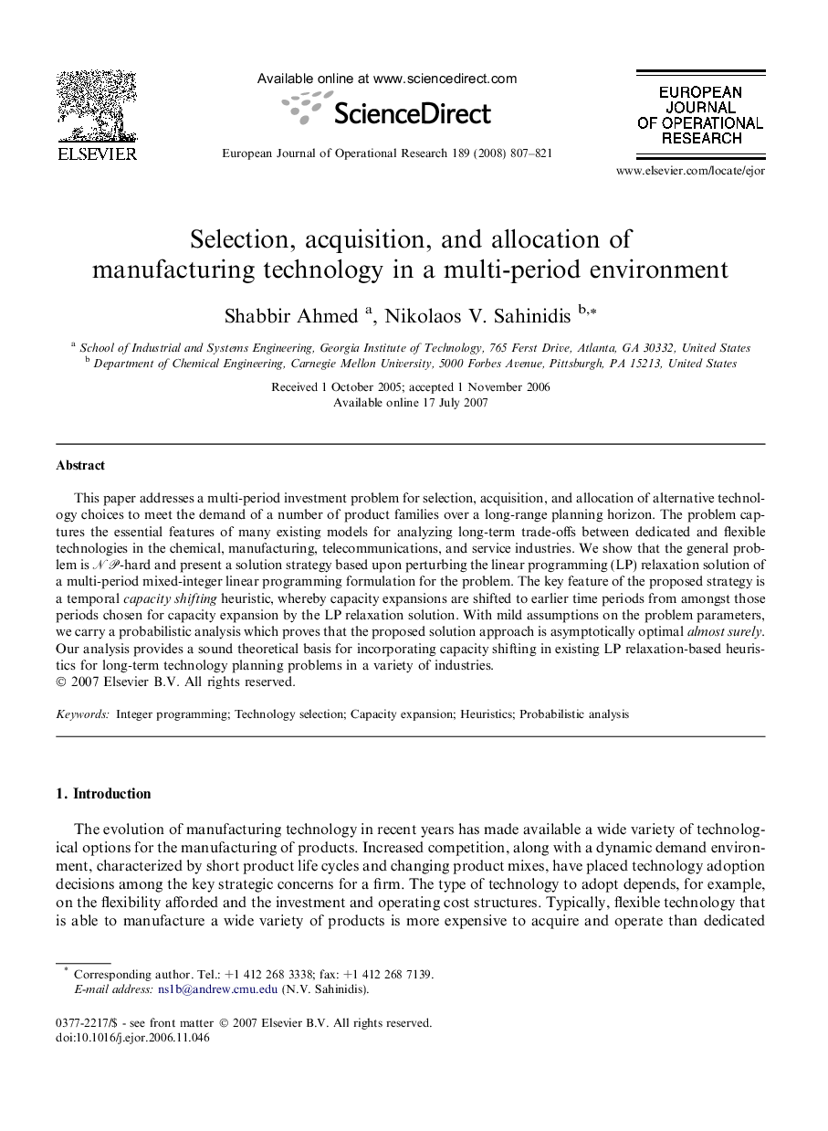 Selection, acquisition, and allocation of manufacturing technology in a multi-period environment