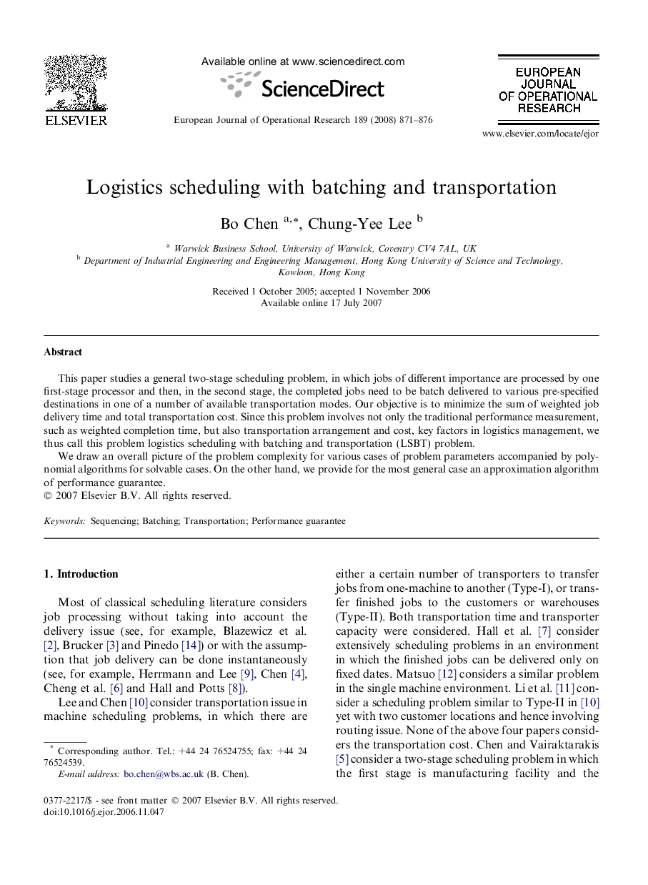 Logistics scheduling with batching and transportation