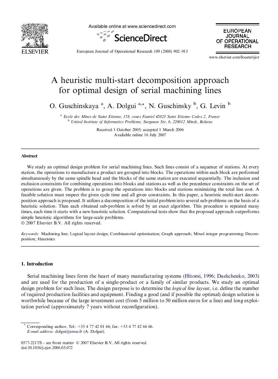 A heuristic multi-start decomposition approach for optimal design of serial machining lines