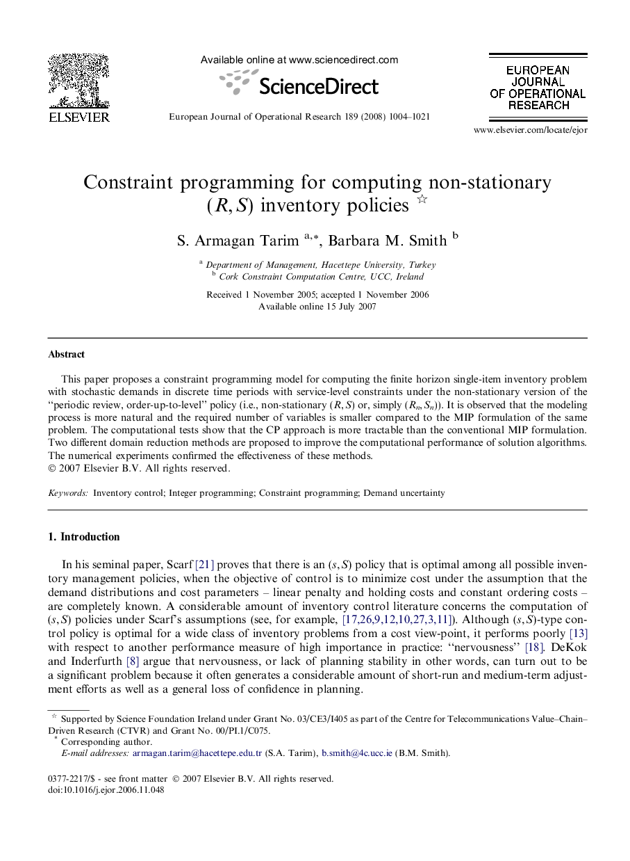 Constraint programming for computing non-stationary (R, S) inventory policies 