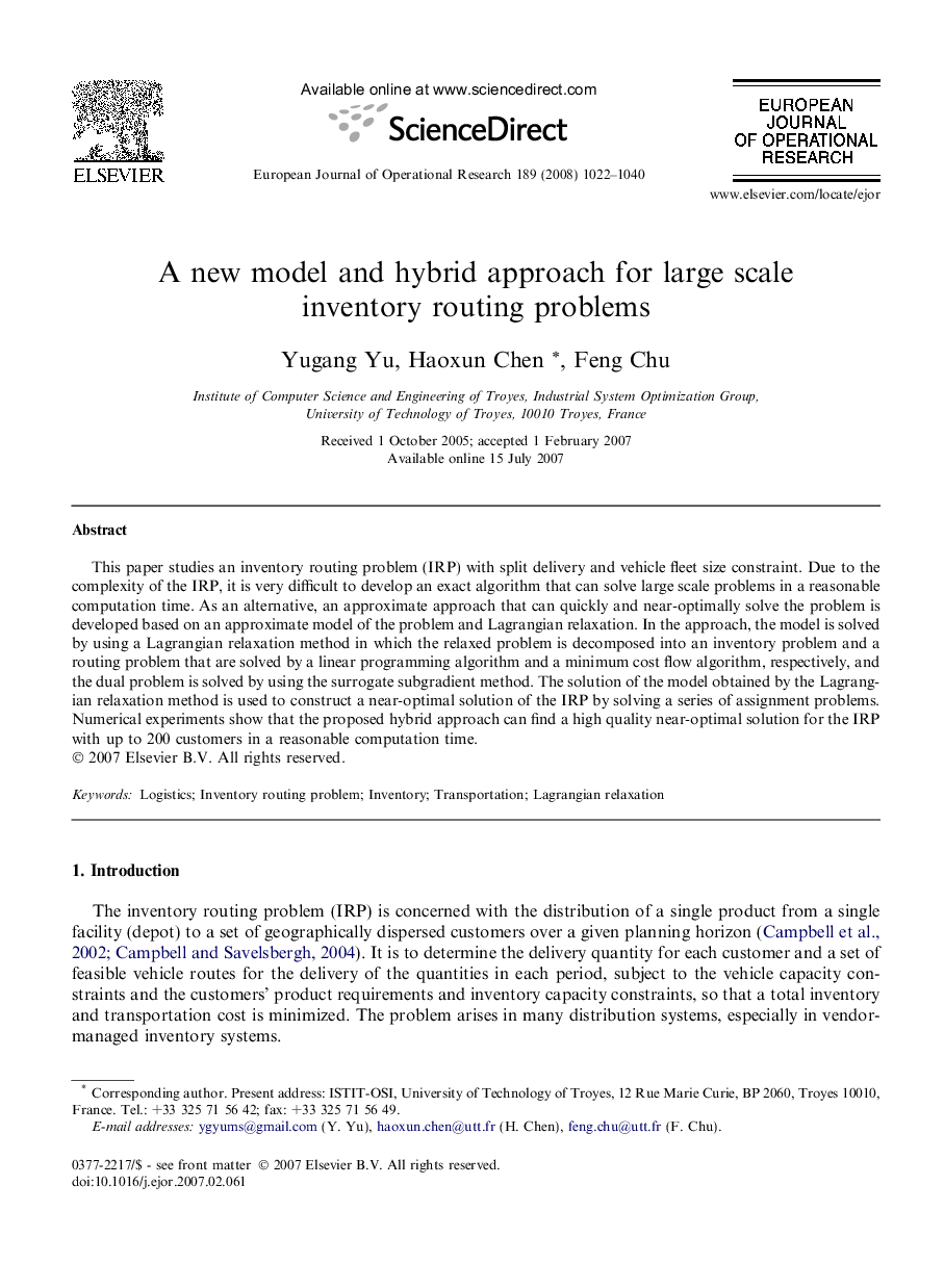 A new model and hybrid approach for large scale inventory routing problems