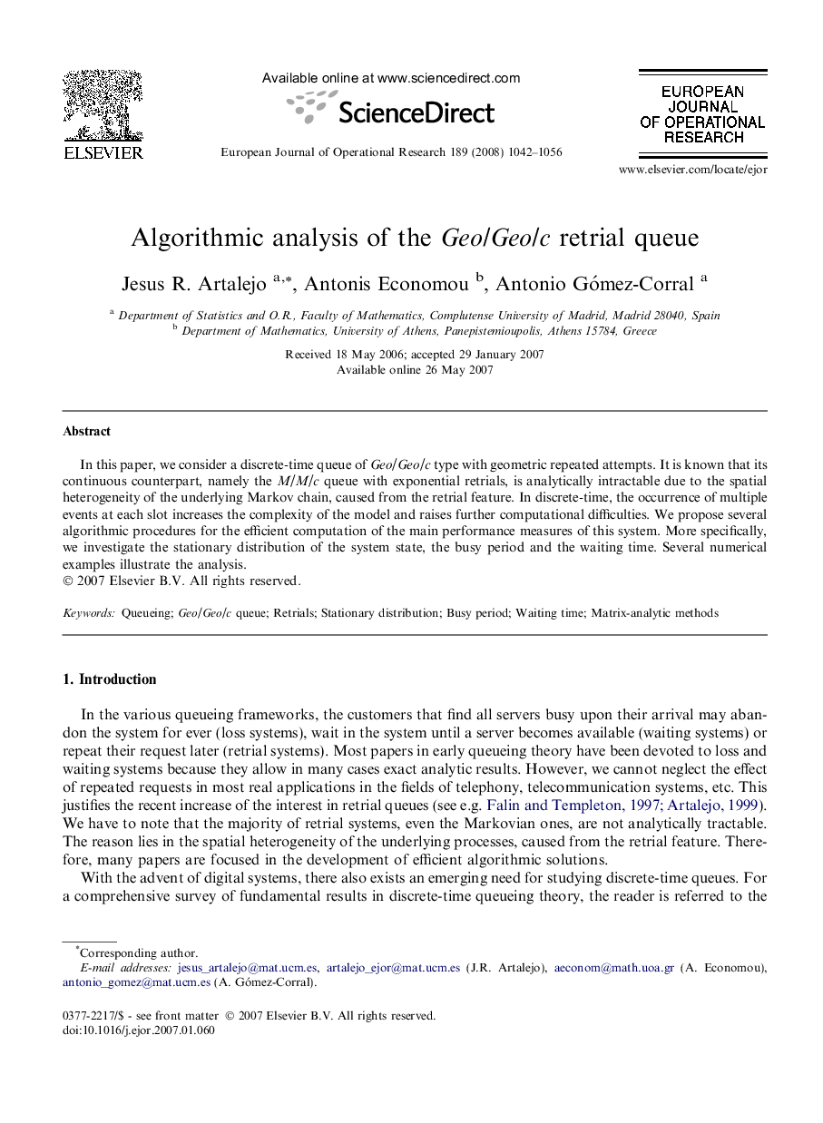 Algorithmic analysis of the Geo/Geo/c retrial queue