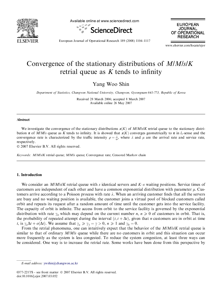 Convergence of the stationary distributions of M/M/s/K retrial queue as K tends to infinity