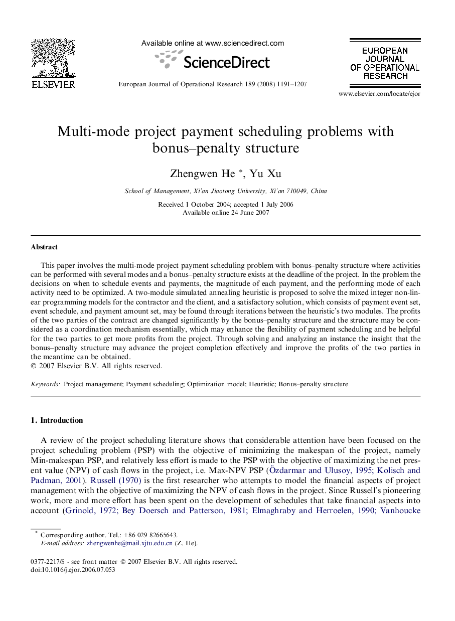 Multi-mode project payment scheduling problems with bonus–penalty structure