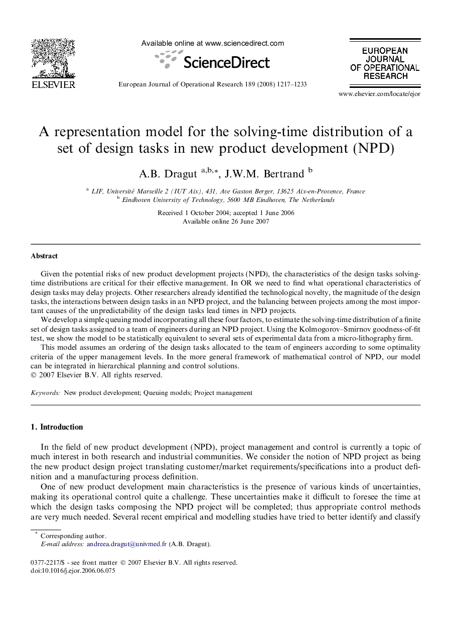 A representation model for the solving-time distribution of a set of design tasks in new product development (NPD)