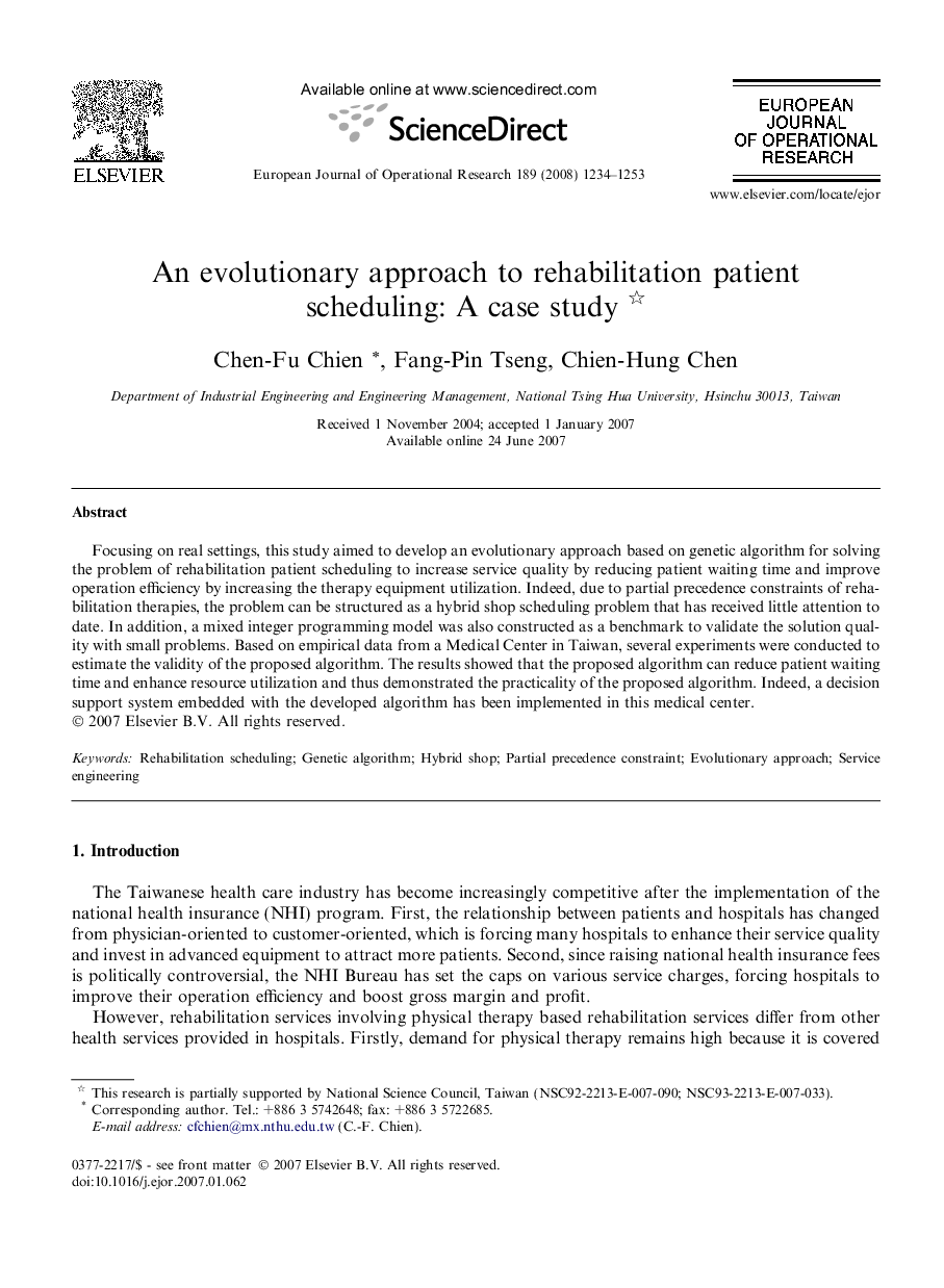 An evolutionary approach to rehabilitation patient scheduling: A case study 