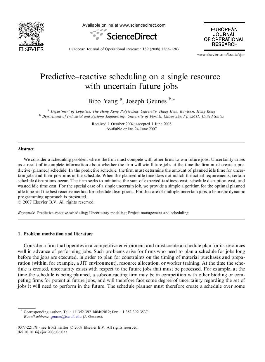 Predictive–reactive scheduling on a single resource with uncertain future jobs