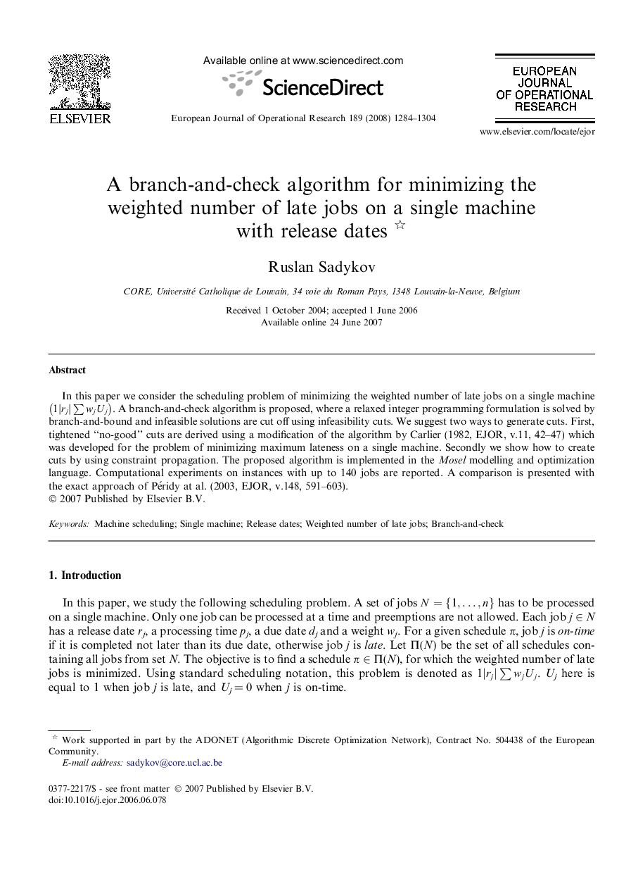 A branch-and-check algorithm for minimizing the weighted number of late jobs on a single machine with release dates 