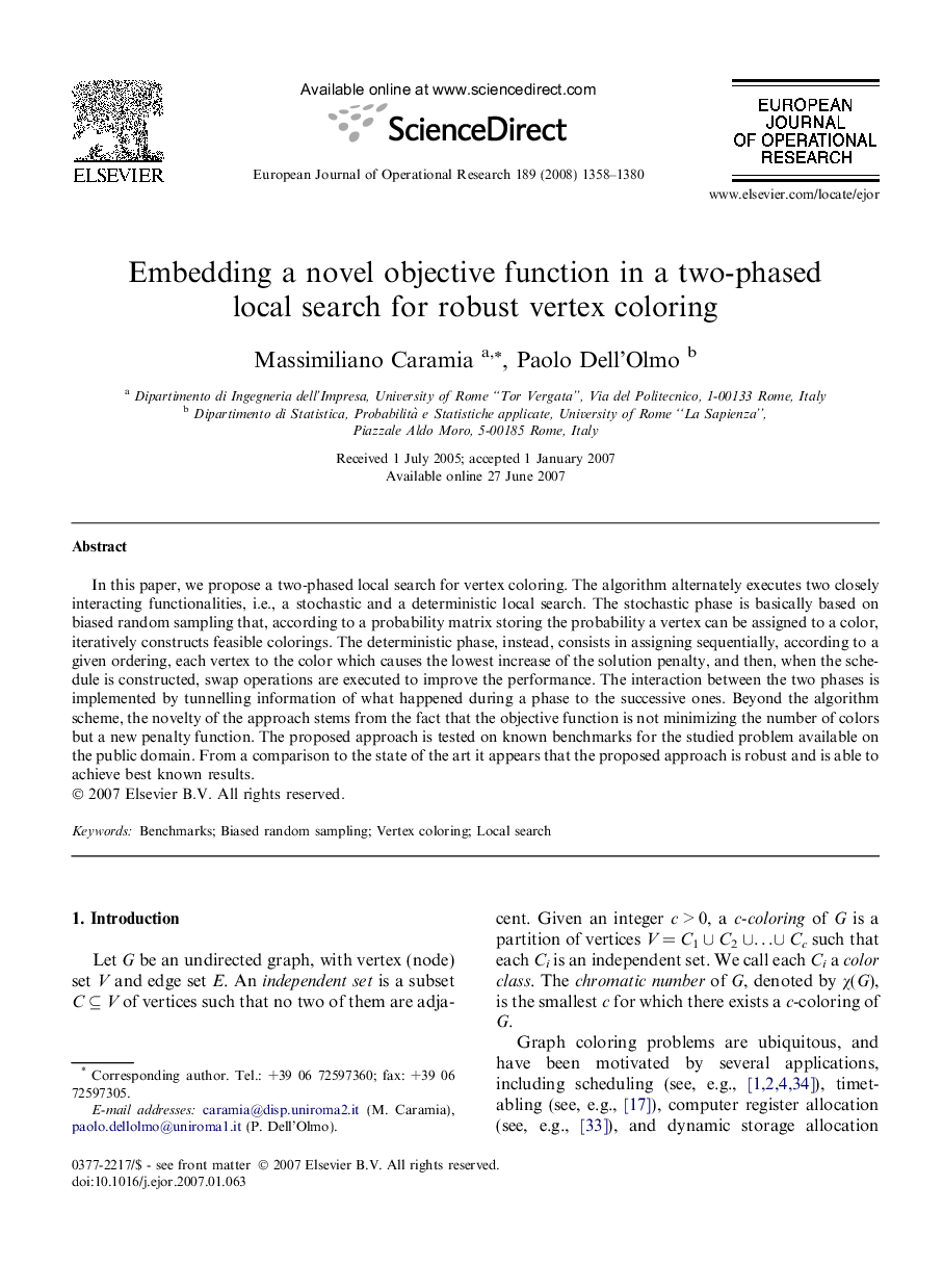 Embedding a novel objective function in a two-phased local search for robust vertex coloring